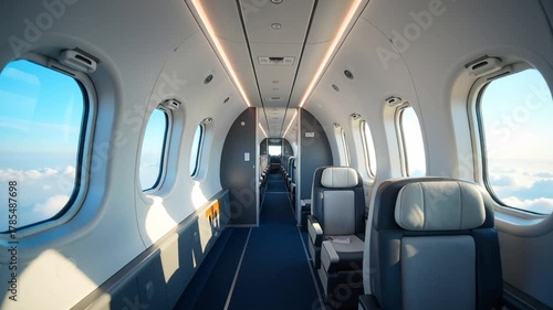 Experience luxury aviation with a pristine private jet interior, offering premium travel and sky-high views for discerning passengers