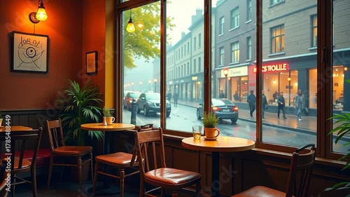Rainy day ambience with cozy cafe interior and blurred street view, great for relaxing atmosphere or city life concept video footage