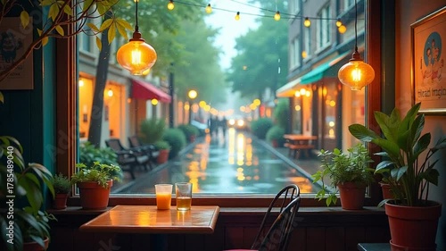Rainy day vibes watching city streets from cozy cafe window, perfect for relaxation or quiet contemplation with warm ambient lighting