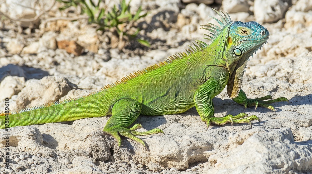 Fototapeta premium Green Iguana Resting On Rocks With Bright Green Scales