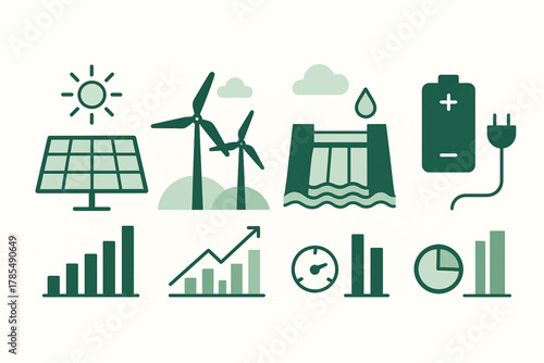 Flat Minimal Infographic of Renewable Energy Sources – Solar, Wind, Hydro, Battery Storage