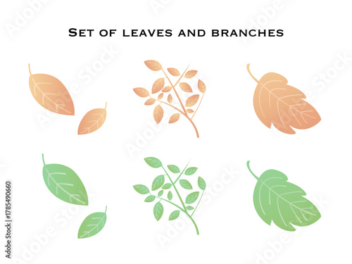 シンプルな葉っぱと枝のイラストセット | オレンジ・緑の季節のグラデーション