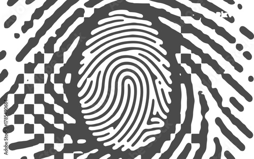 Grunge-style fingerprint in black ink on beige background.