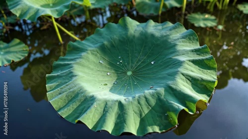 Close-up of the water surface of the lotus leaf Dew on the lotus leaf