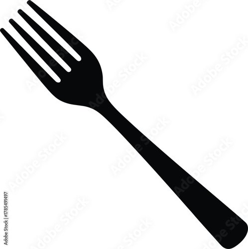 Black Silhouette of a Four- Pronged Fork on White Background utensil cutlery