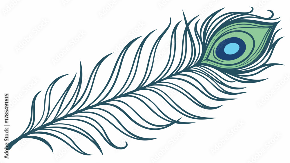 Obraz premium Detailed illustration of a peacock feather with eye spot in shades of blue and green color palette on transparent background silhouette