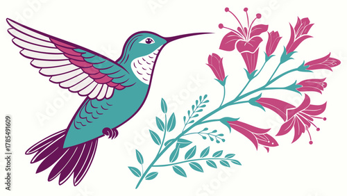 Illustration of a teal hummingbird with pink accents flying near a flowering branch with pink flowers on transparent background silhouette
