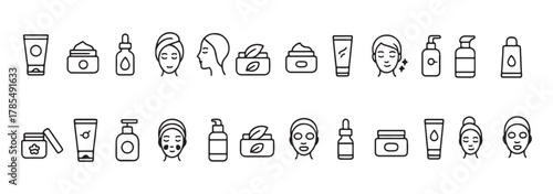 Skin care collections editable stroke outline web icons set. Skin care, cream, oil, treatment, cosmetic, beauty, facial, anti-aging, sun protection and more... Vector illustration