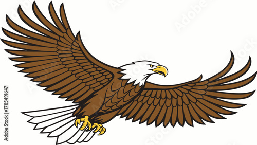 Illustration of a bald eagle soaring with its wings spread wide against a white background image here on transparent background silhouette