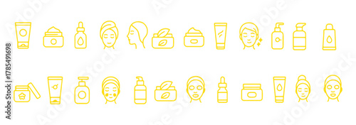 Skin care collections editable stroke outline web icons set. Skin care, cream, oil, treatment, cosmetic, beauty, facial, anti-aging, sun protection and more... Vector illustration