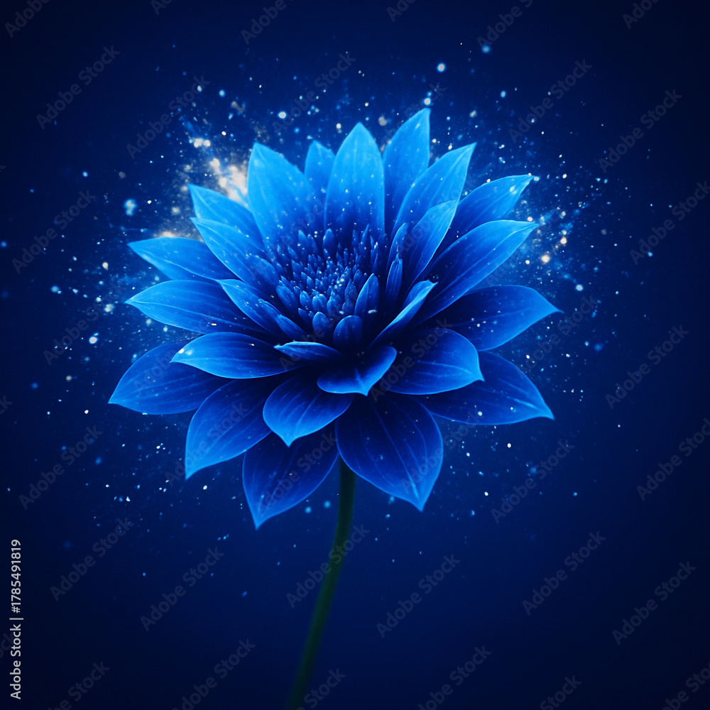 Obraz premium AI generated glowing blue flower with shimmering stardust particles on a deep background creating a magical serene and dreamlike fantasy atmosphere