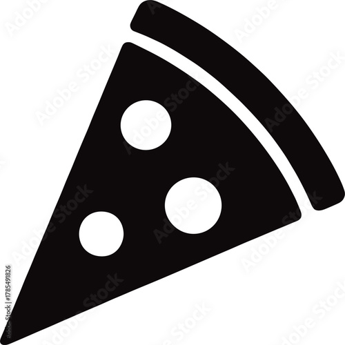 Black silhouette of a pizza slice with three pepperoni circles on a white background food icon
