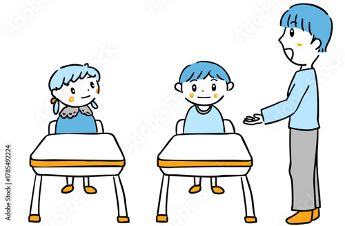 席に着く子どもと先生のイラスト／授業・療育・説明素材