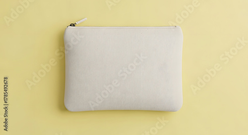 Minimalist beige textile zipper pouch, a blank canvas for DIY projects, printing, or embroidery, shown in a flat lay on a yellow background