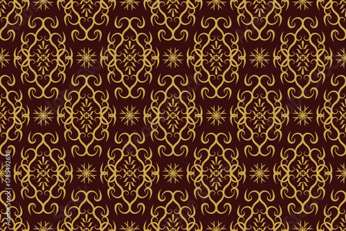 This beautiful seamless artwork combines oriental, Asian, and European fashion lines on a crimson background. Use this image for prints, clothing, scarves, and many other graphic designs.