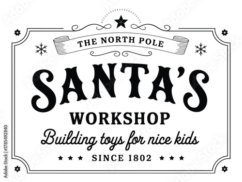 Santa’s Workshop direction sign on clean white background, wooden board with red green holiday colors, Christmas  element for festive advertising, cards, invitations, and seasonal designs