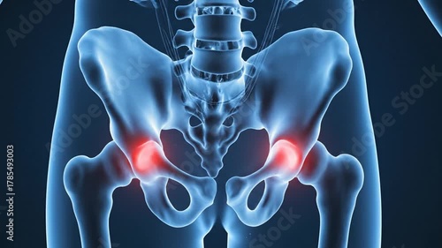 Medical Visualization Of Human Pelvic Bone Structure Highlighting Pain Areas With Red Glows Against A Blue Tone Background