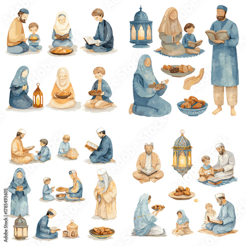 Watercolor set of Muslim families praying, reading, and sharing meals during Ramadan, featuring lanterns, dates, and traditional clothing in soft blue and beige tones.