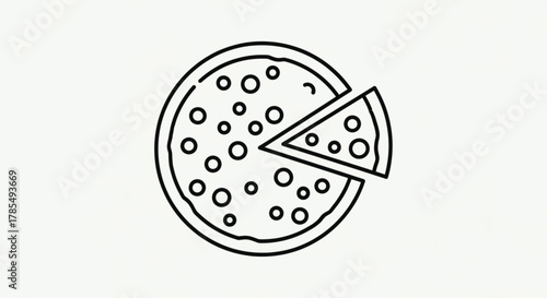 Line art illustration of a whole pizza with one slice removed, showing toppings.