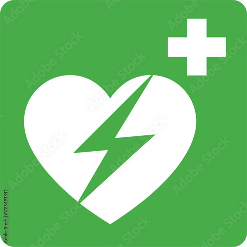 White Defibrillator Icon with Heart and Lightning Bolt on Green Square symbol medical