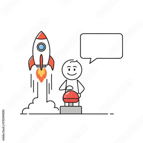 Stickman entrepreneur starting a rocket with speech bubble for business communication or motivation concept.