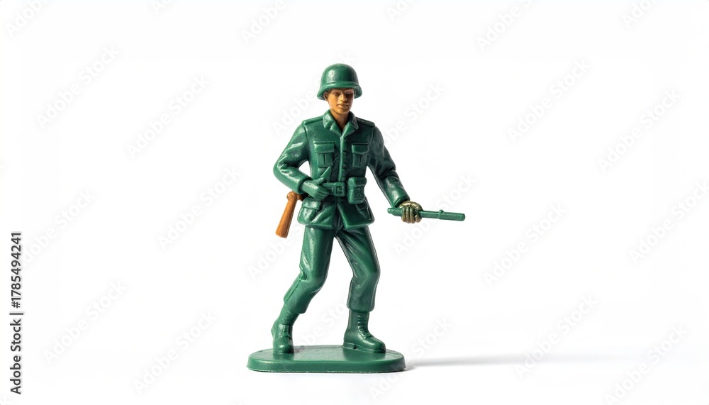 Fototapeta premium Plastic toy soldier, green uniform, posed, white backdrop