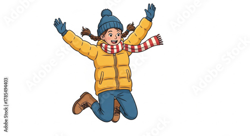 A joyful cartoon girl with pigtails wearing warm winter clothes jumps happily in the air.