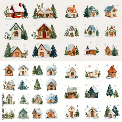 Watercolor illustrations of cozy winter houses, snow-covered roofs, pine trees, and holiday decorations, ideal for Christmas, winter cards, and seasonal design projects.