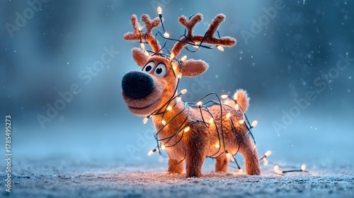 Cute cartoon reindeer adorned with glowing christmas lights in a snowy winter forest setting