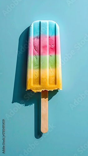 Rainbow popsicle on blue casts shadow, summery treat