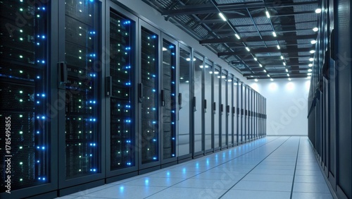 A modern data center corridor lined with server racks featuring illuminated indicators and a sleek, high-tech environment.