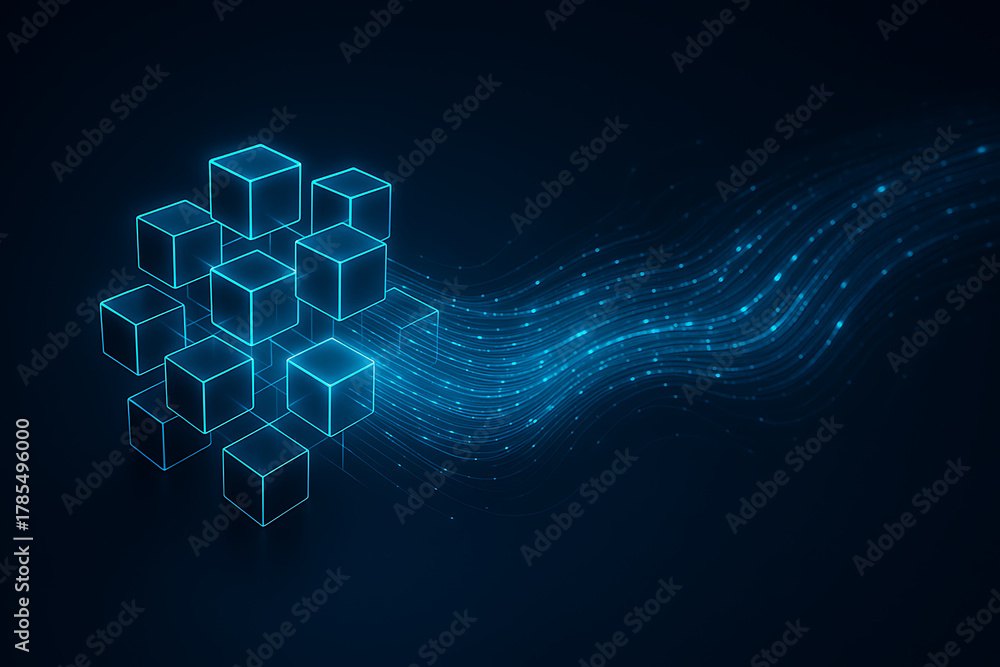 Fototapeta premium Dynamic blockchain network with glowing blue cubes and flowing data streams, perfect for illustrating complex systems and future technologies, a modern digital solution