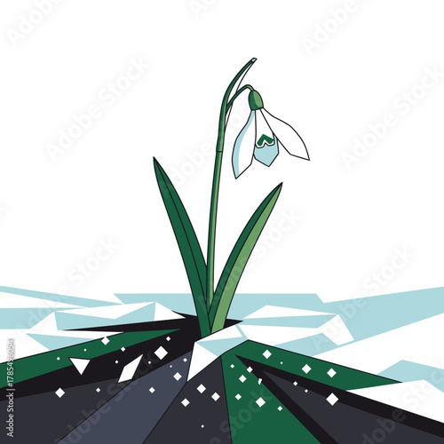 A delicate snowdrop flower bravely emerges from the cracked ice, symbolizing resilience and the arrival of spring in a stylized illustration.