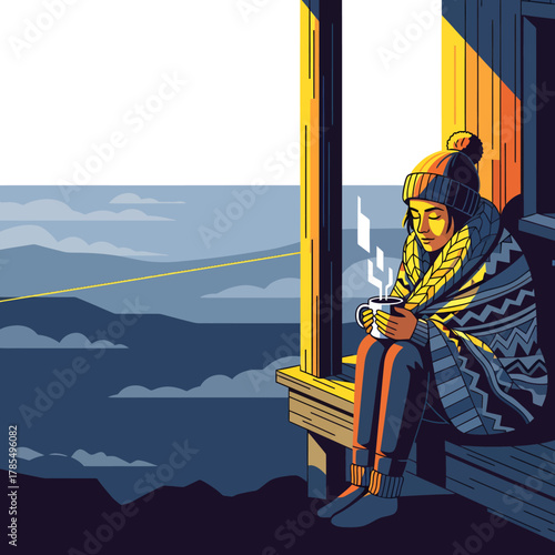 A serene illustration depicts a woman wrapped in a blanket, holding a steaming mug, enjoying a quiet moment of respite on a porch overlooking a tranquil landscape.