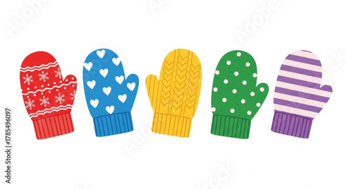 Colorful cartoon mittens in a row, each with a unique pattern and design.