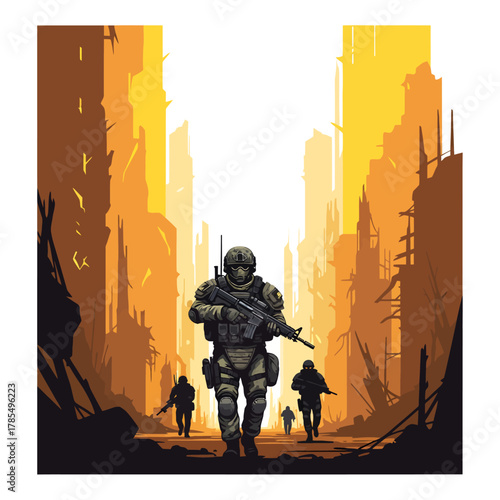 A lone soldier leads the way through a war-torn city, showcasing the resilience and determination of those on the front lines in conflict zones.