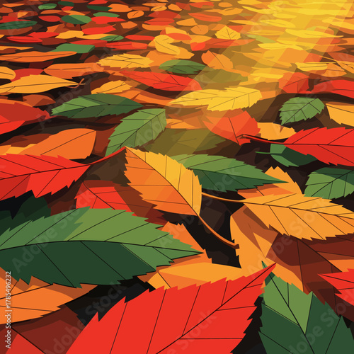A captivating scene unfolds as fallen leaves in vibrant autumn hues blanket the ground, illuminated by a gentle, warm sunlight filtering through.