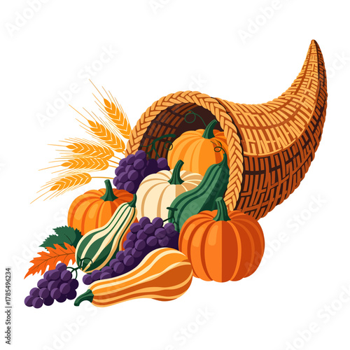 This vibrant illustration showcases a bountiful cornucopia filled with pumpkins, gourds, grapes, and wheat, symbolizing abundance and the harvest season.