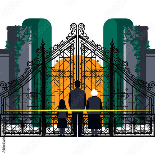 A family stands at the gates of a grand estate, contemplating the future and the opportunities that lie beyond the wrought-iron barrier.