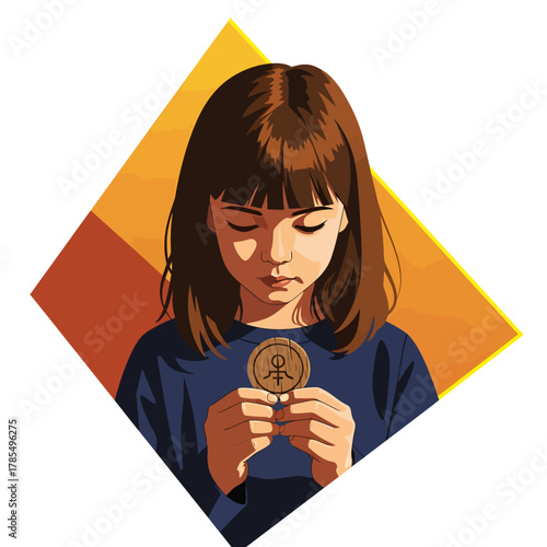 A young girl with brown hair and a blue shirt is depicted in a stylized vector illustration, holding a round object with a stick figure on it.