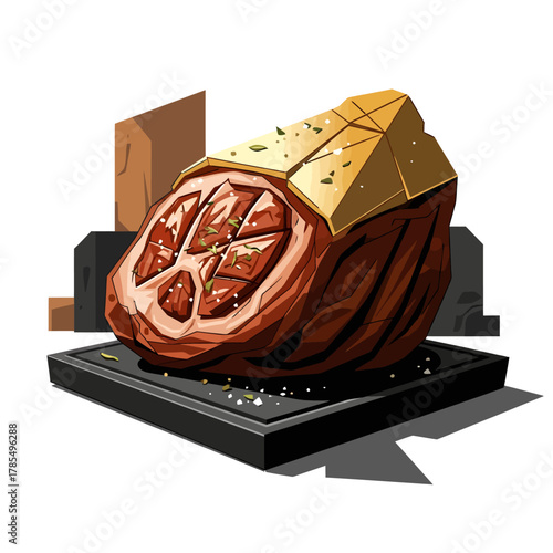 A mouthwatering illustration of a roasted meat dish, artfully presented on a dark serving platter, ready for a delicious meal.