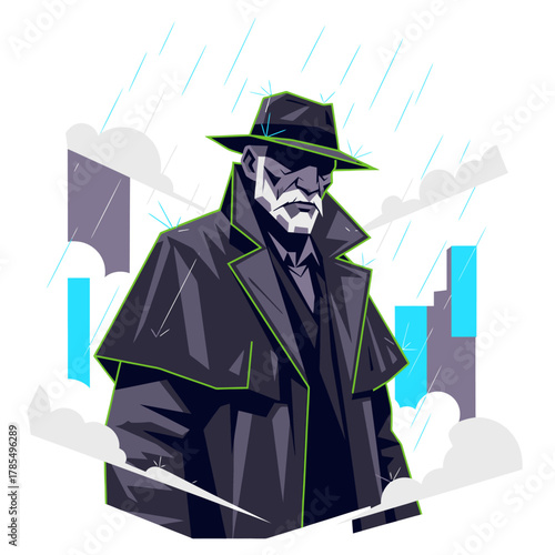 A stylized illustration depicts a distinguished man in a trench coat and fedora, standing in the rain with a cityscape backdrop, conveying a sense of mystery.