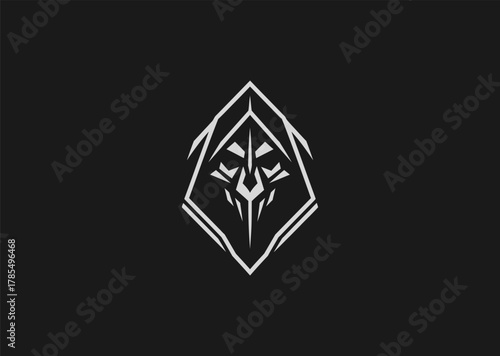 A minimalist grim reaper logo in line art style, featuring a hooded figure with a scythe, symbolizing mystery and mortality, designed as a modern creative vector concept