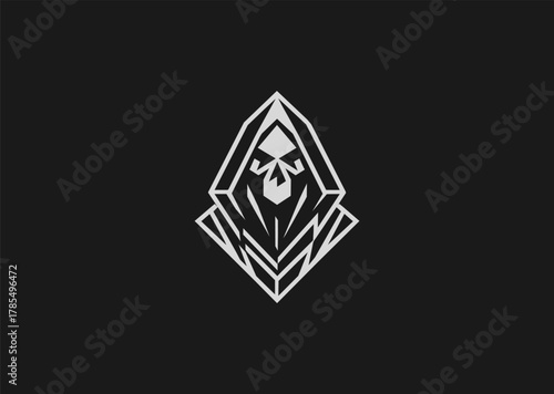 A minimalist grim reaper logo in line art style, featuring a hooded figure with a scythe, symbolizing mystery and mortality, designed as a modern creative vector concept