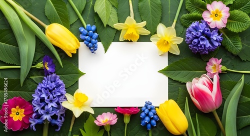 A vibrant floral border of tulips, daffodils, hyacinths, and primroses surrounds a blank white card, evoking themes of renewal, celebration, and seasonal charm.