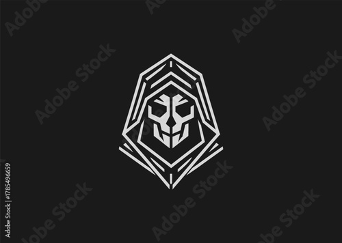A minimalist grim reaper logo in line art style, featuring a hooded figure with a scythe, symbolizing mystery and mortality, designed as a modern creative vector concept