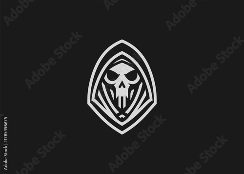 A minimalist grim reaper logo in line art style, featuring a hooded figure with a scythe, symbolizing mystery and mortality, designed as a modern creative vector concept