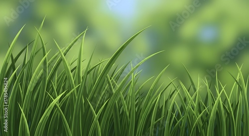 A serene close-up of tall, vibrant grass blades swaying gently against a blurred backdrop of sky and foliage—evoking the calm, fresh essence of nature in motion.