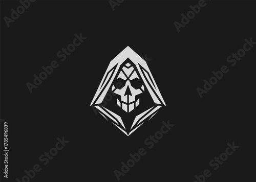 A minimalist grim reaper logo in line art style, featuring a hooded figure with a scythe, symbolizing mystery and mortality, designed as a modern creative vector concept