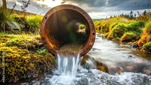 Water Pollution Overflowing Industrial Effluent into a Serene Stream Environment